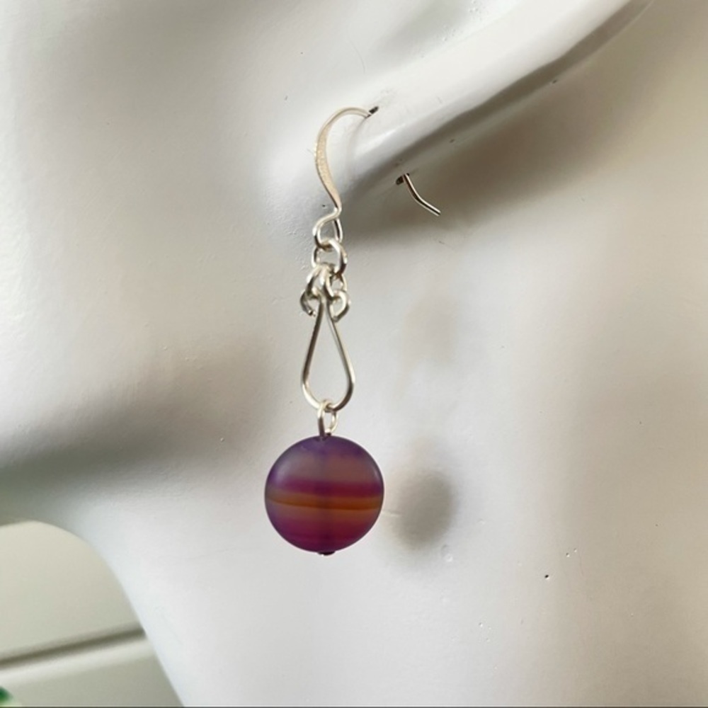 2/$29 Handmade Purple Swirl Glass Bead Dangle Earrings Hand-turned Wire Links - Picture 3 of 4